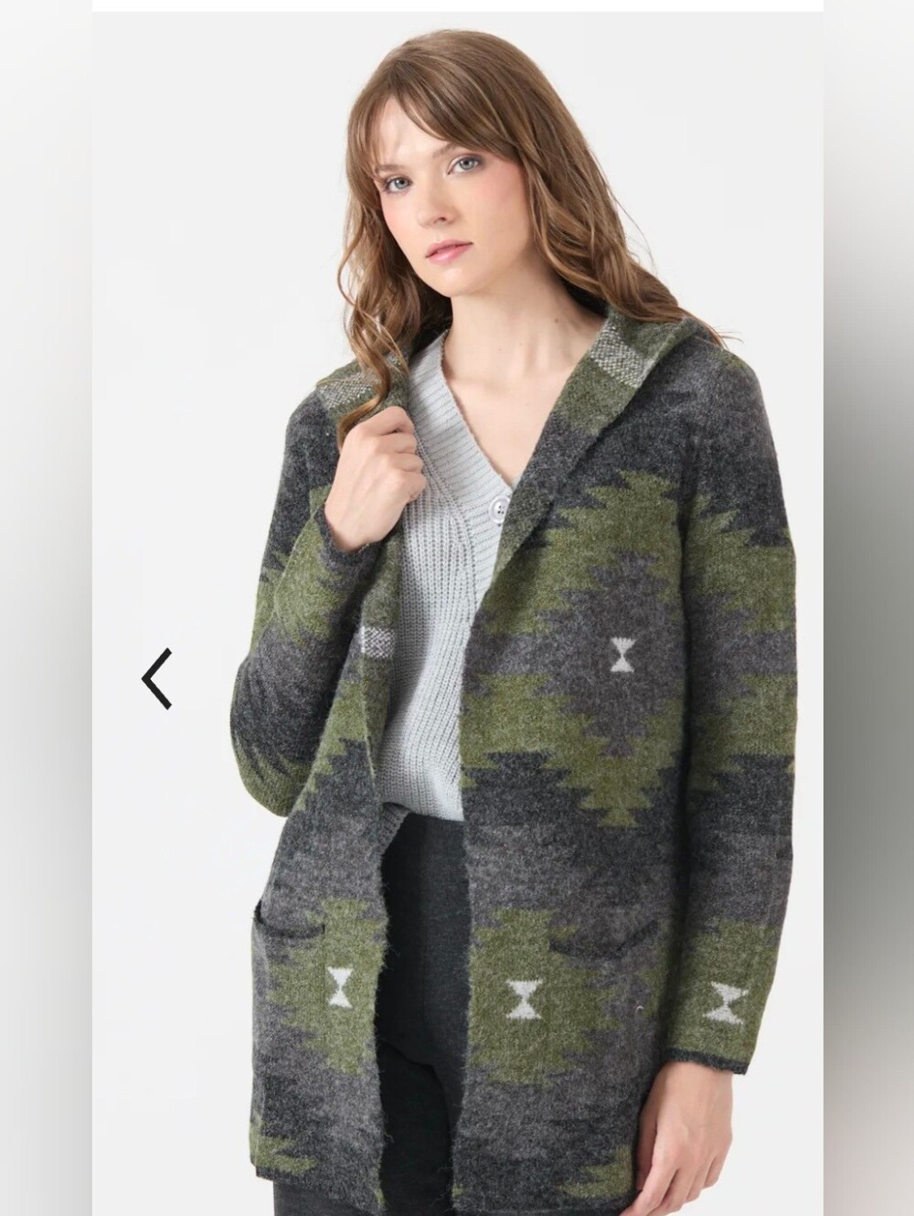 Joseph Hooded Aztec Knit Cardigan in Olive Green & Gray